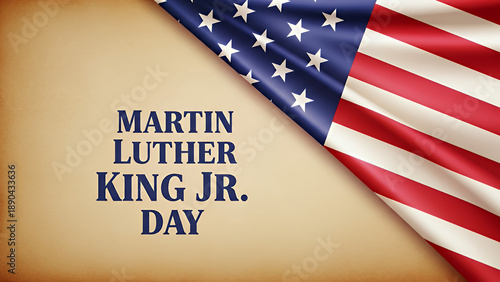 A vivid patriotic illustration celebrating Martin Luther King Jr Day with a folded American flag draped across an aged parchment