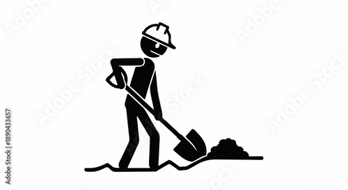 Construction worker digging with shovel icon symbol.
