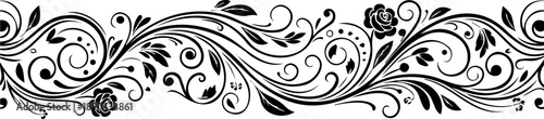 A beautiful black and white floral border design with swirling vines and leaves