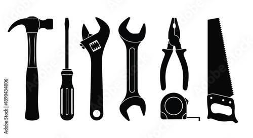A collection of black tool silhouettes arranged in a horizontal line silhouette