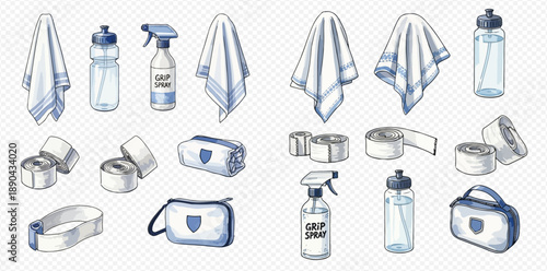 Gym and sport accessories set with towels, water bottles, grip spray, tape, and bags for fitness and training.
