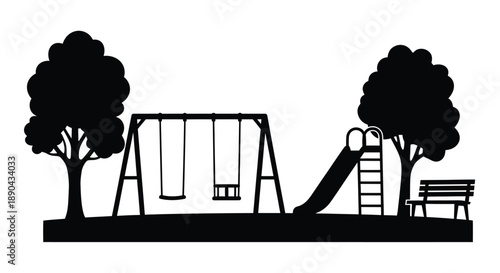 A black silhouette of a playground scene with trees and equipment silhouette