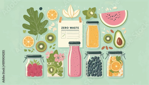 Assorted Fruits and Juices in Jars and Bottles.