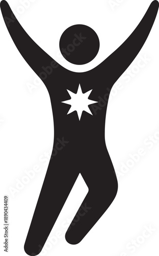 Jubilant person with starburst on chest celebrating victory in dynamic pose