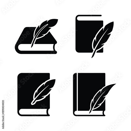 Minimalist black silhouette vector of a closed book with an elegant feather pen, ideal for literary themes.