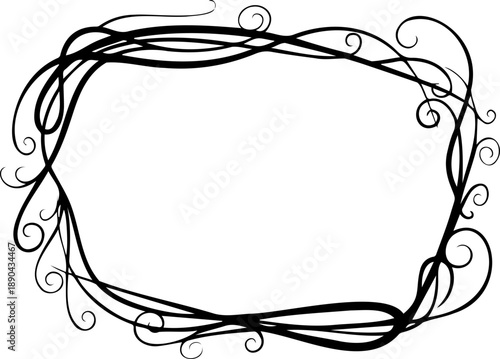 A black vector graphic of an ornate rectangular frame with swirling lines and curls