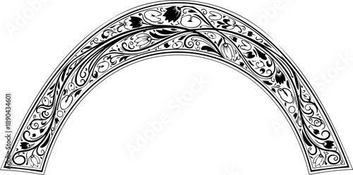 A black and white vector graphic of an ornate archway with floral patterns