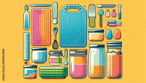 Colorful Kitchen Utensils and Storage Containers.