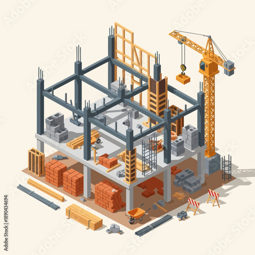 Isometric Construction Site with Crane and Building.