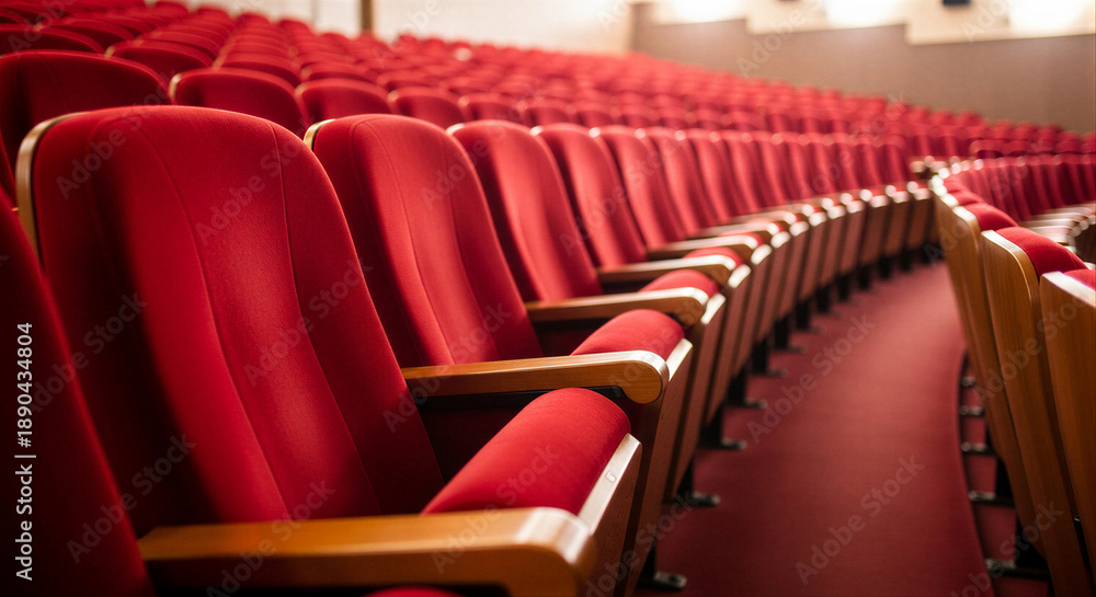 Obraz premium Empty red theatre seats in rows for audience seating