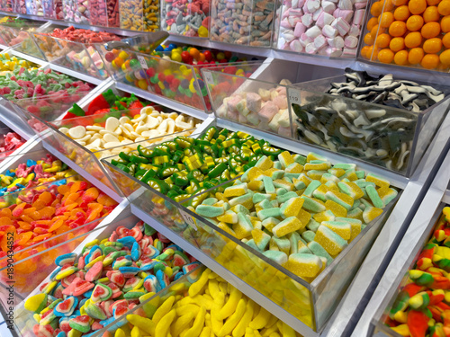 Colorful candies, gummies, and sweets at the candy shop