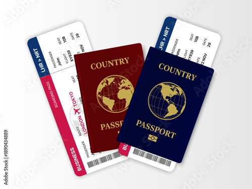 Passport and Boarding Pass Tickets for International Air Travel, Airline Flight and Travel Agency Advertisement Vector Illustration