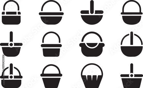 Twelve black and white simple basket icons in a grid on a white background silhouette