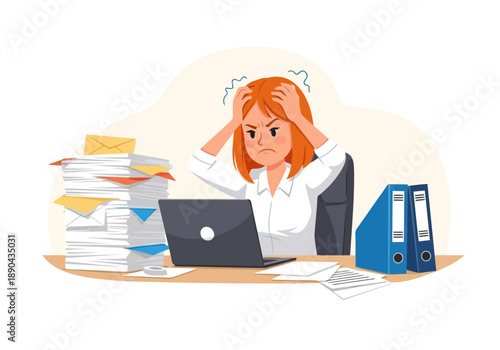 Overwhelmed woman sitting at desk with laptop and paperwork