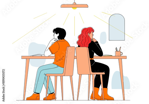 Two people sitting at a desk in a room with a mirror