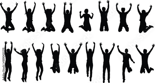 Set of jumping people silhouettes with raised arms expressing excitement, celebration, freedom, 