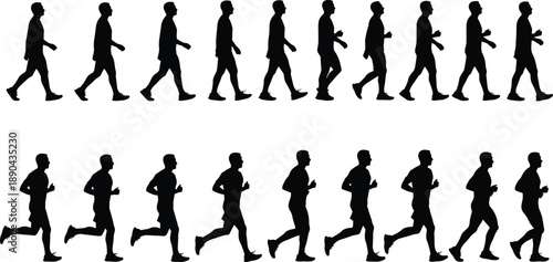 Set of male walking and running silhouettes showing motion sequence, fitness activity, daily movement, lifestyle routine, progress, and human motion isolated on white background