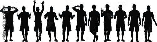 Row of male human silhouettes in different poses, standing and walking gestures, black figures isolated on white background, teamwork and diversity concept illustration