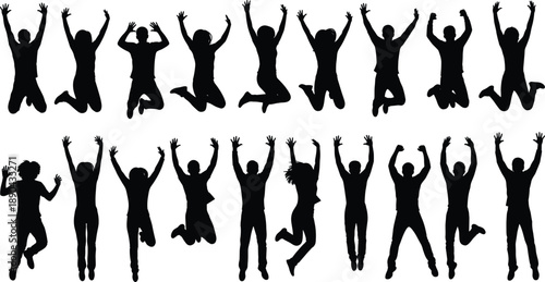 Set of people jumping silhouettes with raised hands expressing happiness, celebration, freedom, success, positive energy, and active lifestyle isolated on white background