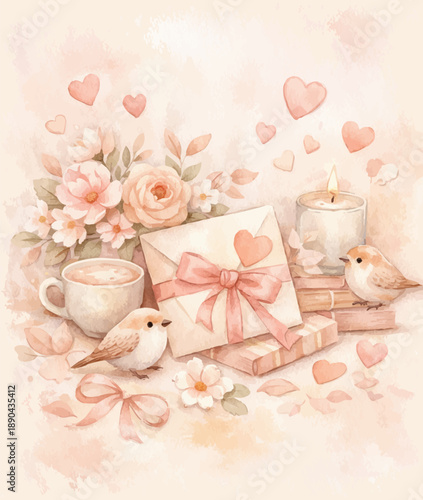 Romantic watercolor Valentine's Day composition with love letter, birds, flowers, coffee cup, and candle in soft pastel pink tones. Elegant festive background.