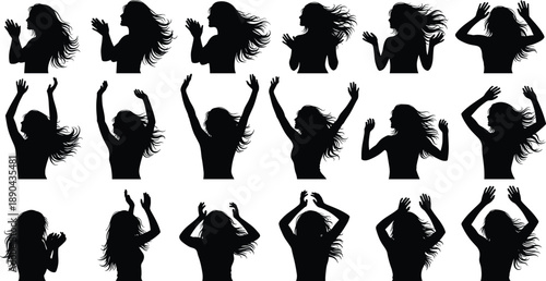 Collection of female dancing silhouettes with flowing hair and raised arms, expressive movement and music rhythm concept, black figures isolated on white background