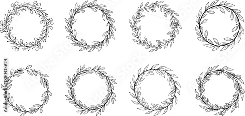 Hand drawn floral wreath collection, botanical leaf frames, elegant circular ornaments, minimalist line art design set, wedding logo decor