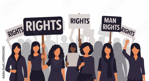 Diverse group of women holding signs advocating for rights and equality.