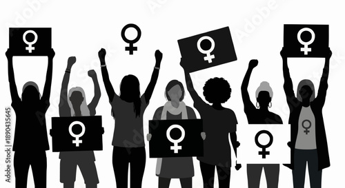 Diverse group of women holding signs with female symbol.
