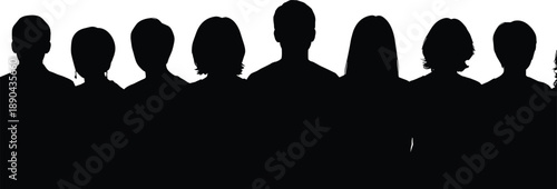 Group of anonymous people head silhouettes standing together, diversity and teamwork concept, community and social connection illustration isolated on white background