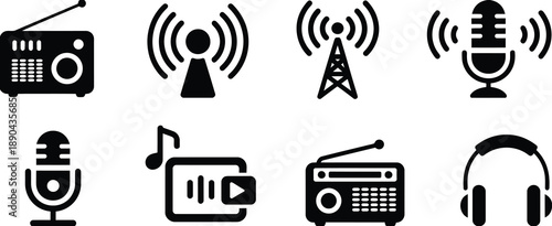 Set of broadcasting and audio media icons, radio, microphone, and antenna symbols, vector illustration for rank titles, communication design, media production,