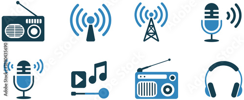Set of broadcasting and audio media icons, including radio, antenna, and microphone, vector illustration for rank titles, communication graphics