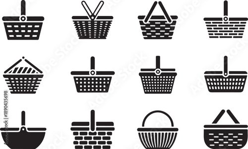 Twelve black silhouette icons of different styles of shopping and picnic baskets on a white background