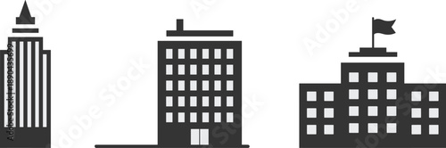 Office and commercial building silhouettes set, urban architecture icons for business, real estate and city infrastructure isolated on white