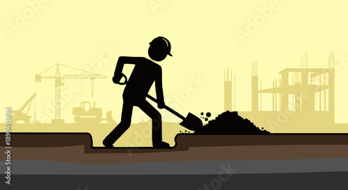 Construction worker digging with shovel silhouette.