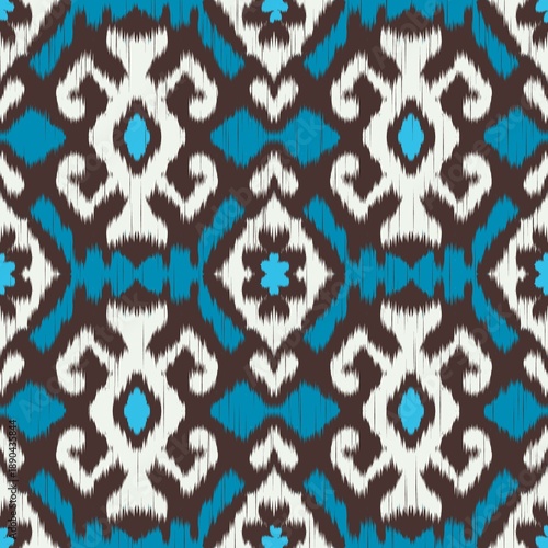 Colorful Uzbek ikat pattern. Illustration ikat blue bohemian aztec tribal embroidery seamless pattern. Ethnic boho geometric pattern use for fabric, textile, home decoration elements, upholstery, etc.