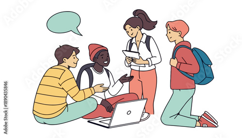 A diverse group of young adults collaborating on a laptop together