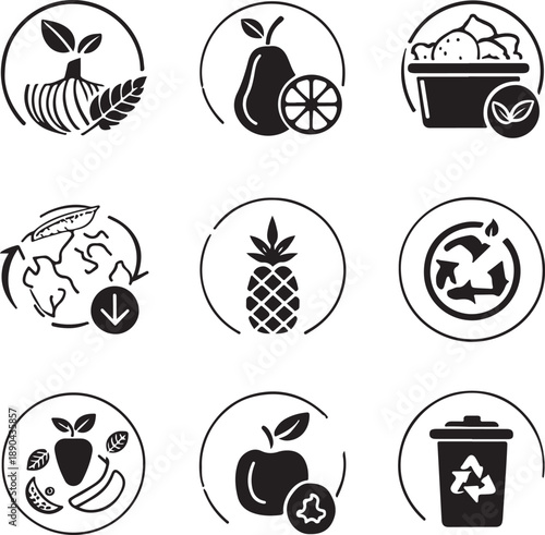 Collection of various black glyph icons about composting recycling and organic food