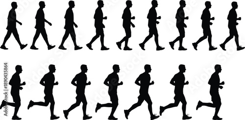 Male walking to running silhouette sequence showing human motion progression, fitness activity, speed change, body movement, and active lifestyle isolated on white background