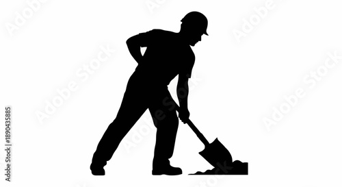 Construction worker silhouette digging with shovel.