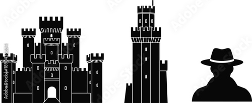 Medieval castle and tower silhouettes with mysterious man in hat, fantasy architecture and secrecy concept, historical fortress illustration isolated on white background