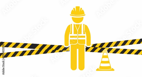 Construction worker safety vest hard hat and caution tape.