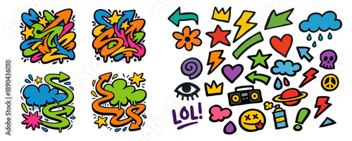 Vibrant collection of graffiti art doodles and urban symbols including arrows, stars, and clouds for hip hop and street culture inspired designs.