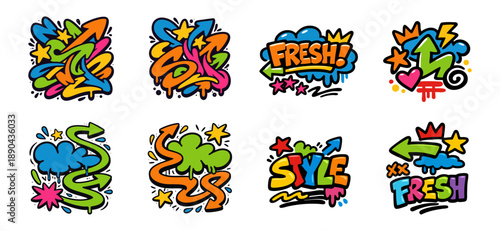 Collection of vibrant graffiti-style vector illustrations featuring arrows, stars, and text icons in a modern street art aesthetic.