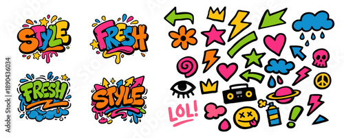Vibrant graffiti sticker pack with urban doodles, icons, and text. Colorful hand-drawn streetwear elements isolated on white background.