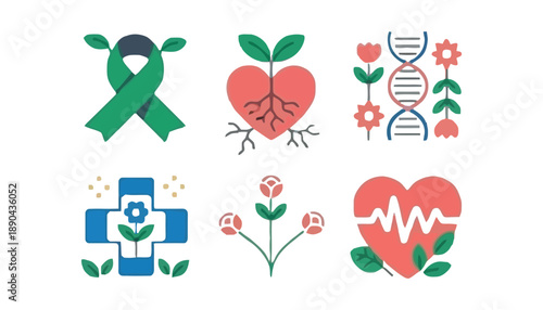 A colorful illustration of various health and wellness symbols on a white background
