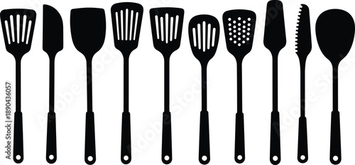 Kitchen utensil silhouette set illustration, cooking tools spatula spoon knife vector icons isolated on white background for culinary design