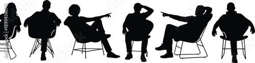 Silhouette of Two People Sitting on Stools in Conversation, Interview or Counseling Session, 