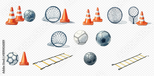 Set of various sports equipment for training, including soccer balls, traffic cones, and agility ladders.