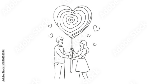 A romantic couple holding a heart-shaped balloon together in love