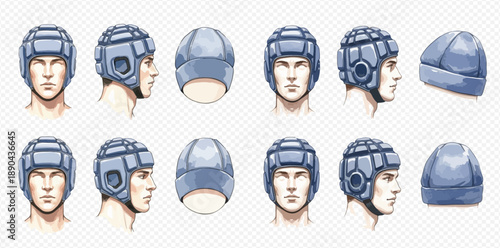 Set of illustrations showing a man's head wearing a protective wrestling or rugby helmet from different angles.